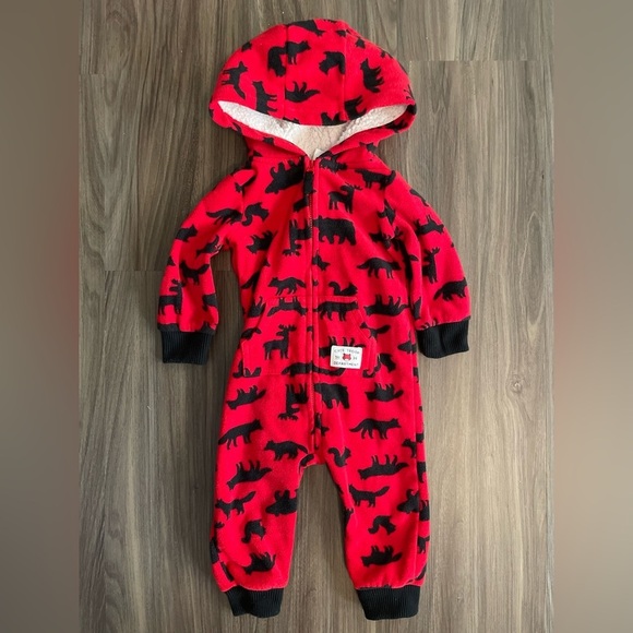Carters baby Red and Black animal pattern fleece onesie with hoodie size 9M - Picture 4 of 5